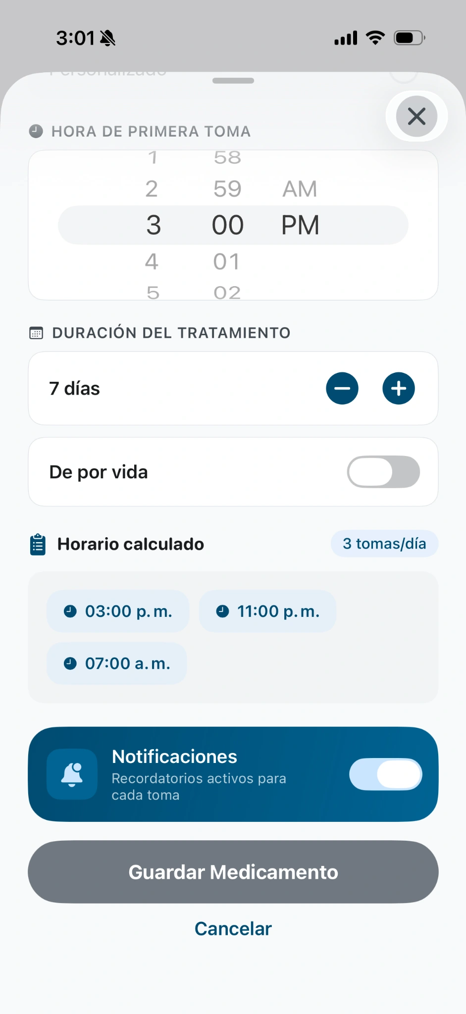 Qida screenshot showing duration, Lifelong, calculated schedule, Notifications and Save Medication in Spanish.