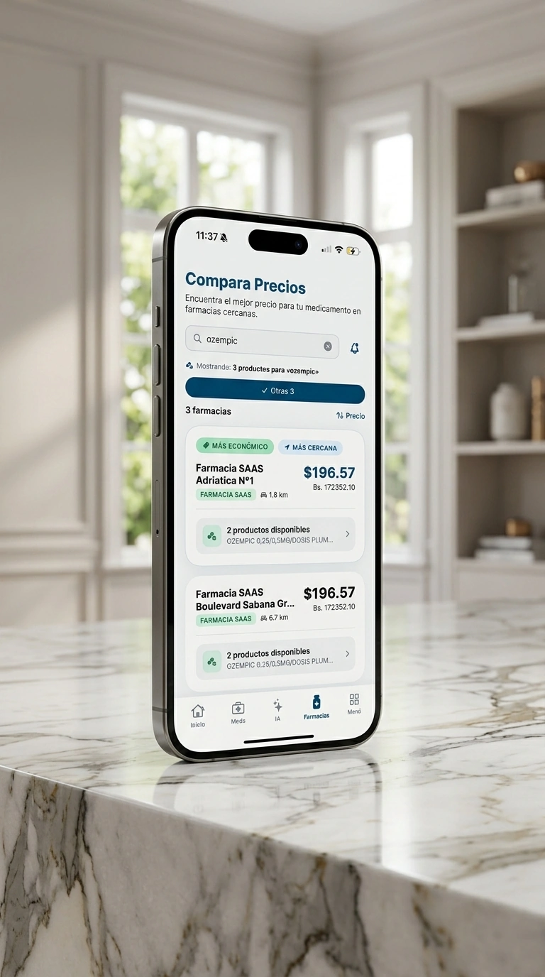 Qida price comparison illustration with an Ozempic search on a phone beside a window