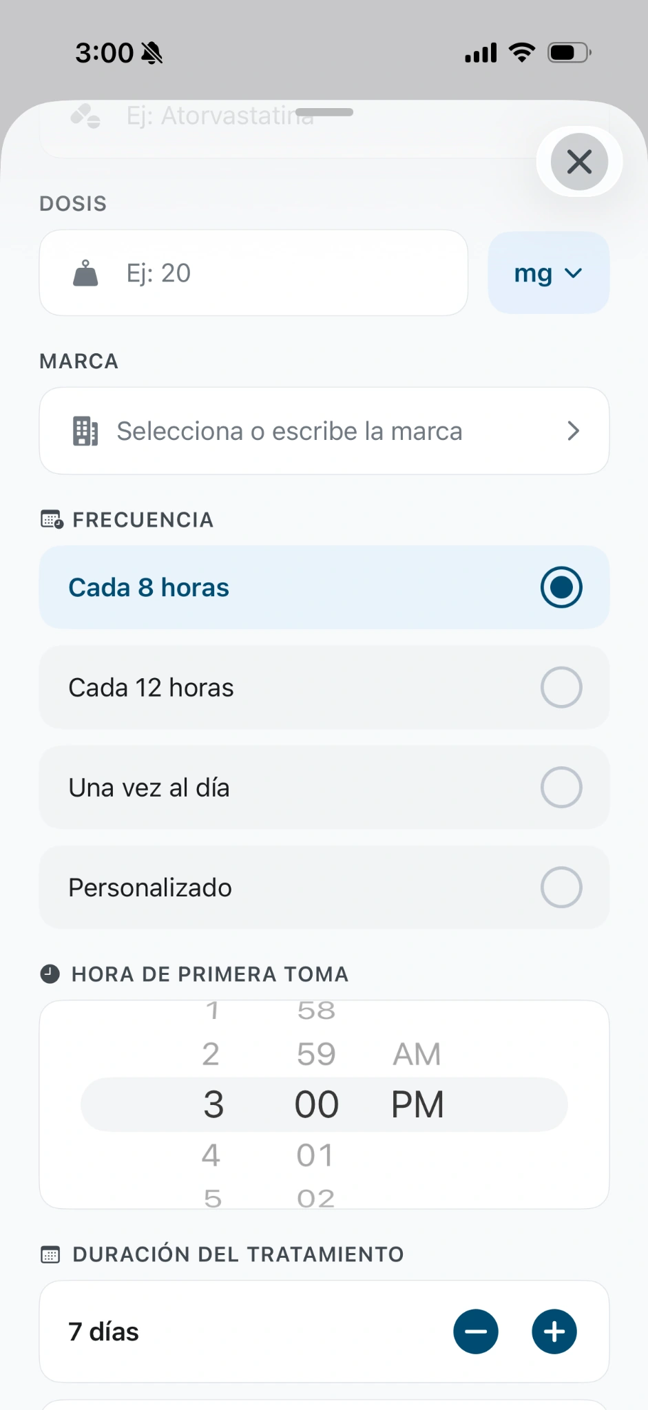 Qida screenshot showing frequency, first dose time and treatment duration in Spanish.