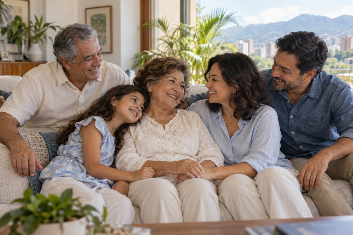 A five-person, multigenerational family together at home, with Caracas and the Ávila mountains in the background.