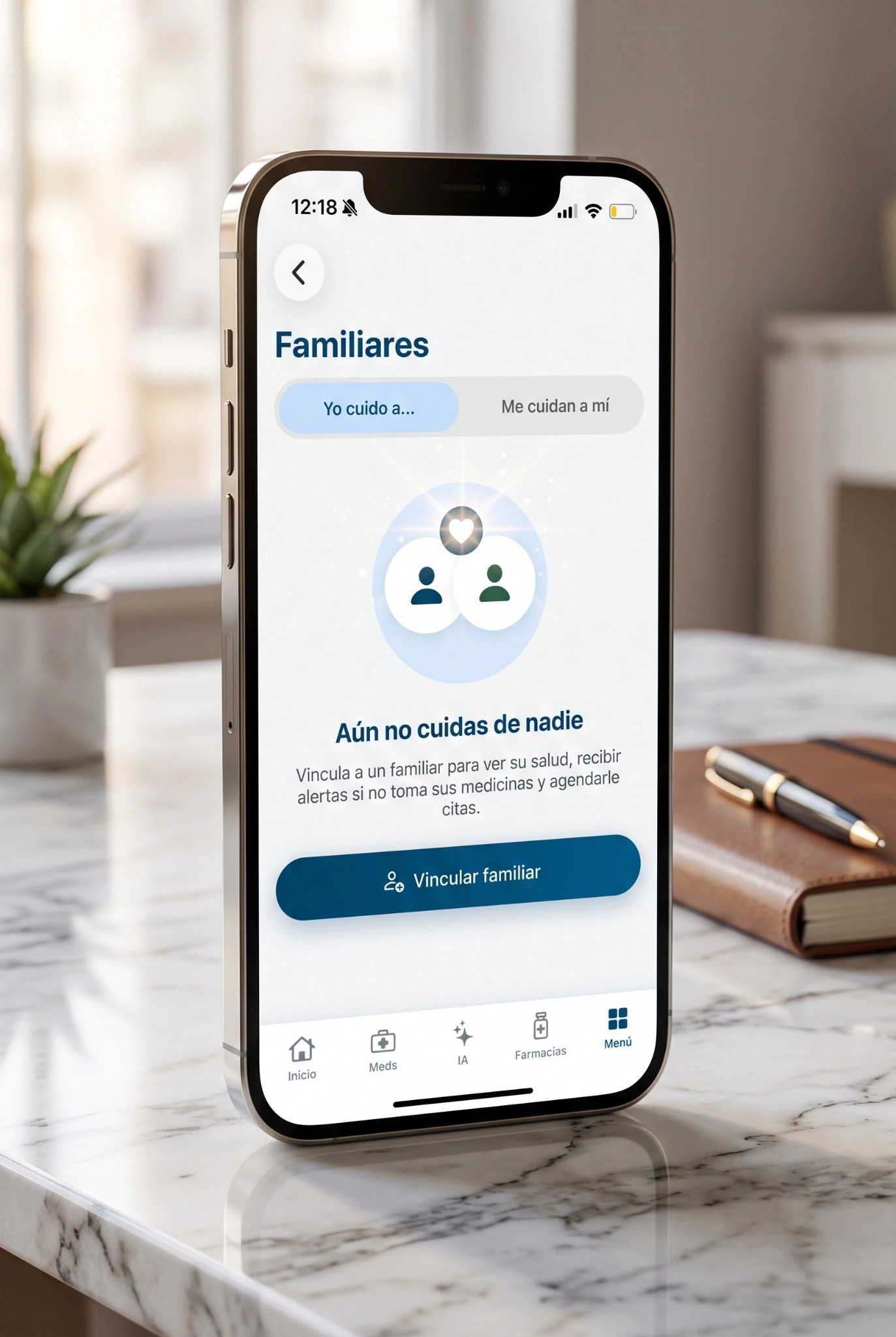 Qida family illustration with the link-family option on a phone on marble
