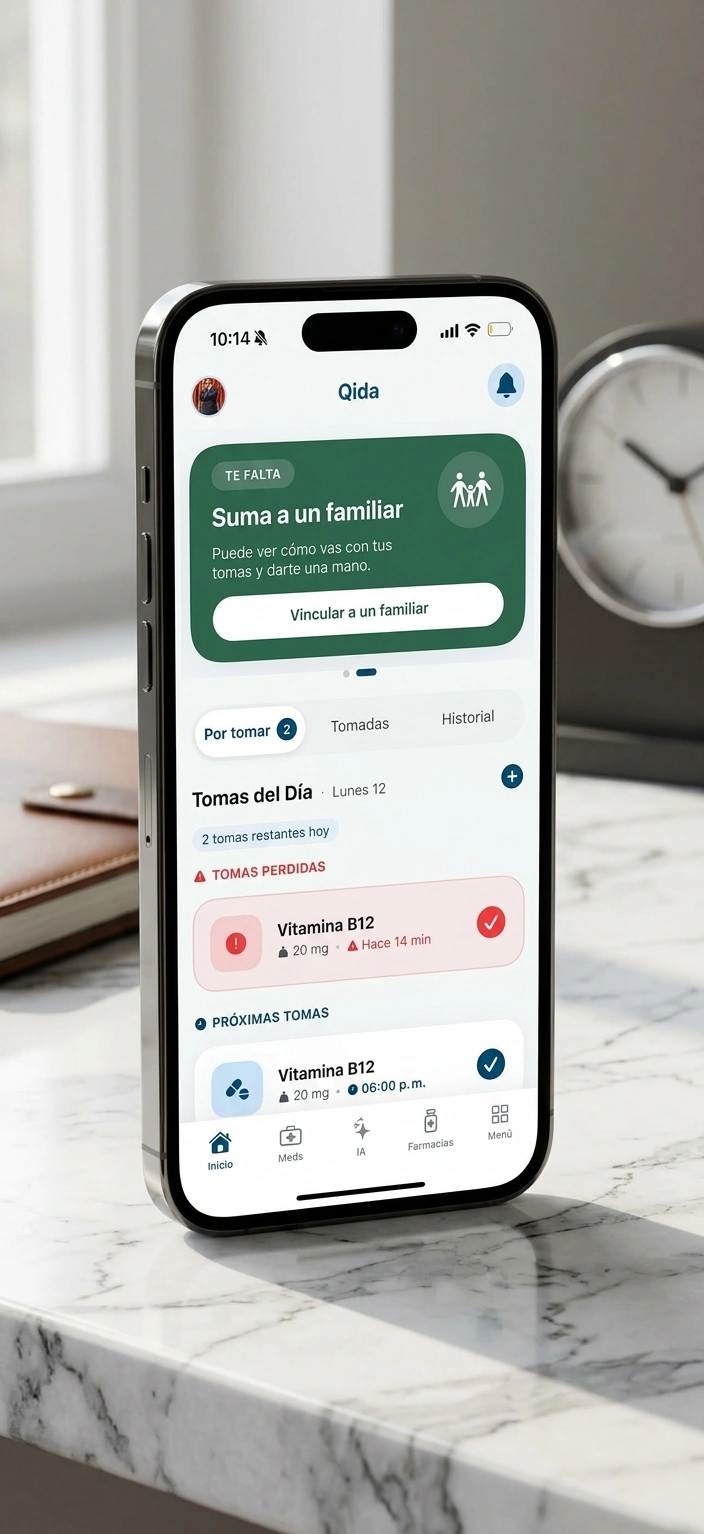 Qida product illustration on a phone on marble, with daily doses and family linking