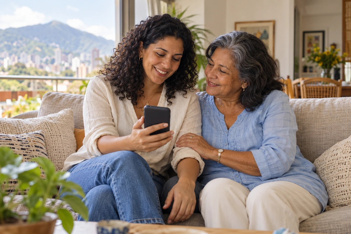 An older mother and her daughter smile as they share a phone at home.