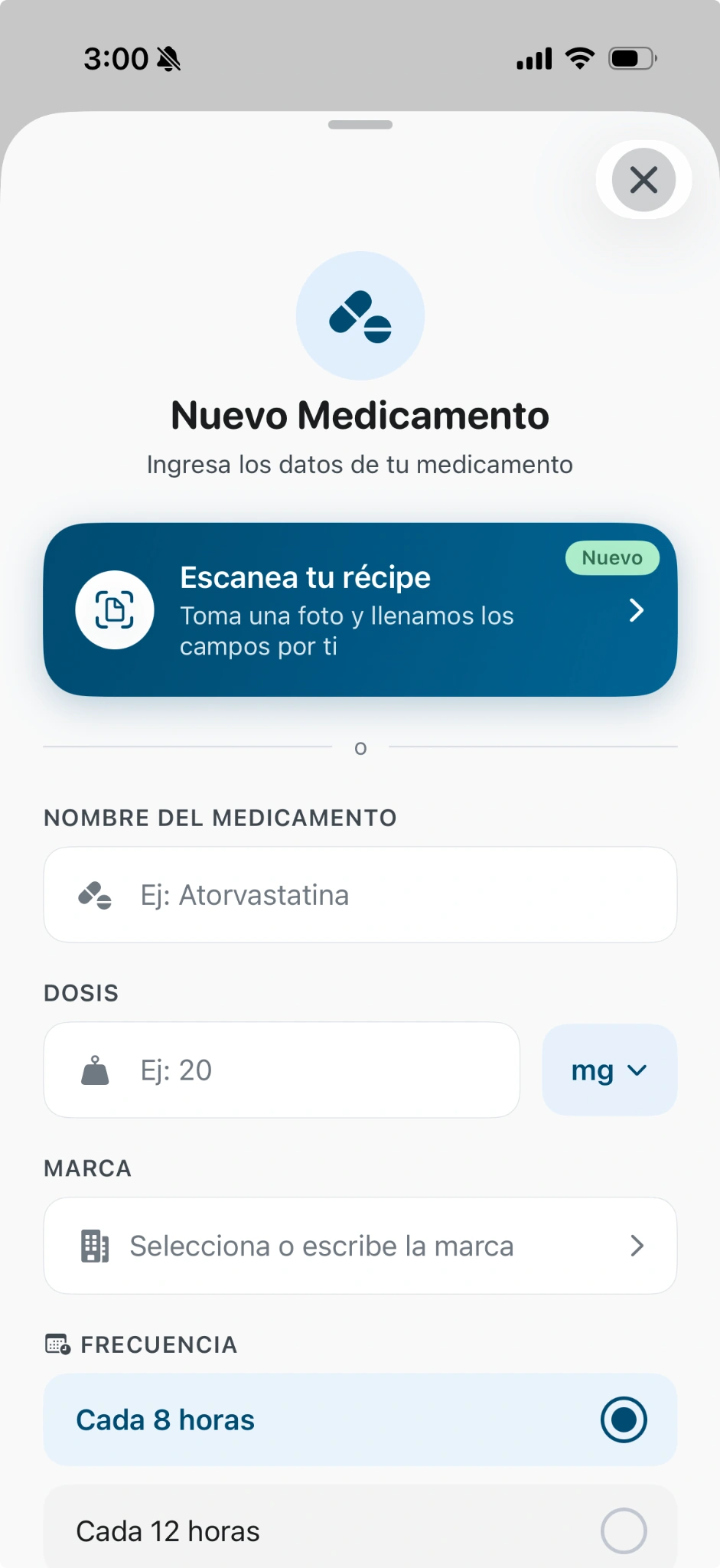 Qida New Medication screenshot showing prescription scanning, name, dose, brand and frequency in Spanish.